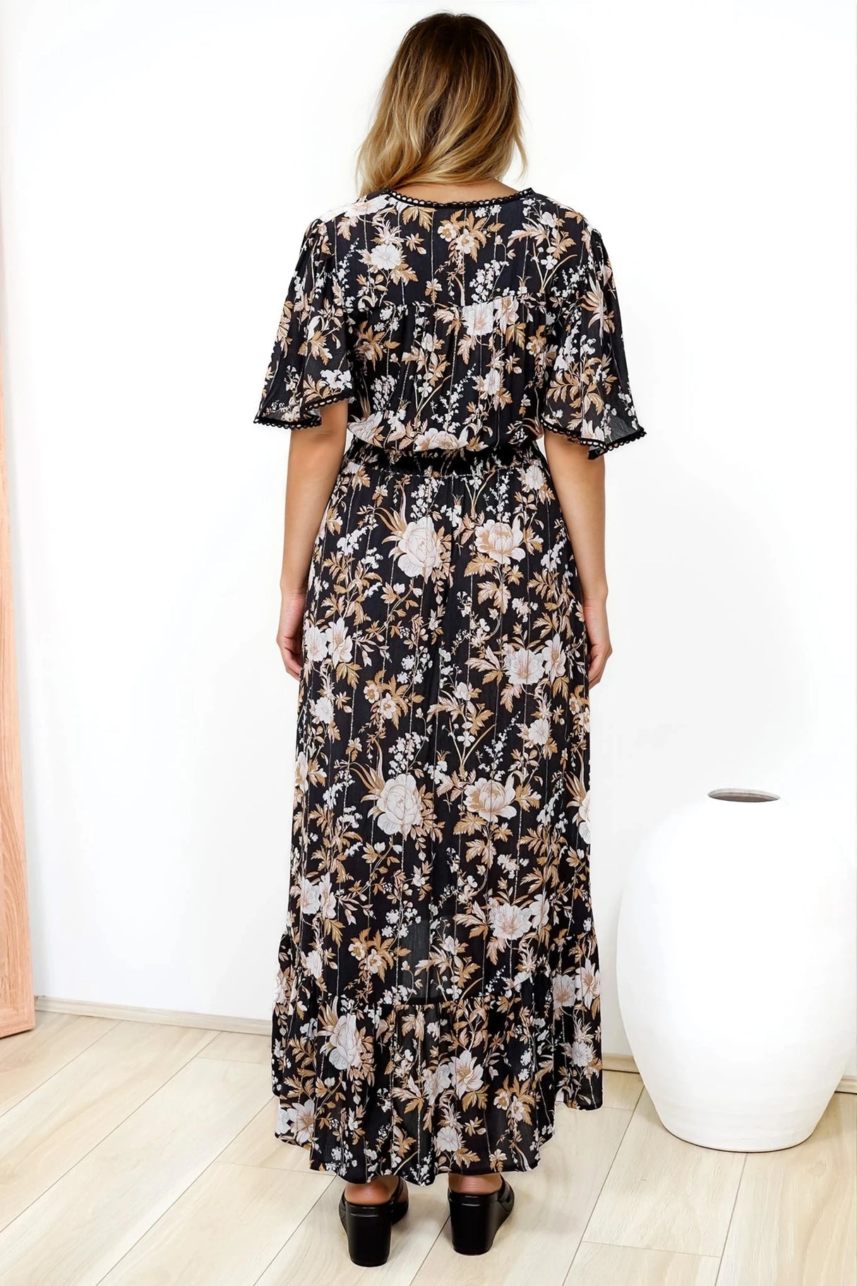 London Maxi Dress - Elasticated Waist Button Detail High Low Dress with Flutter Cap Sleeves in Sorrento Print Black