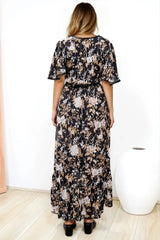 London Maxi Dress - Elasticated Waist Button Detail High Low Dress with Flutter Cap Sleeves in Sorrento Print Black