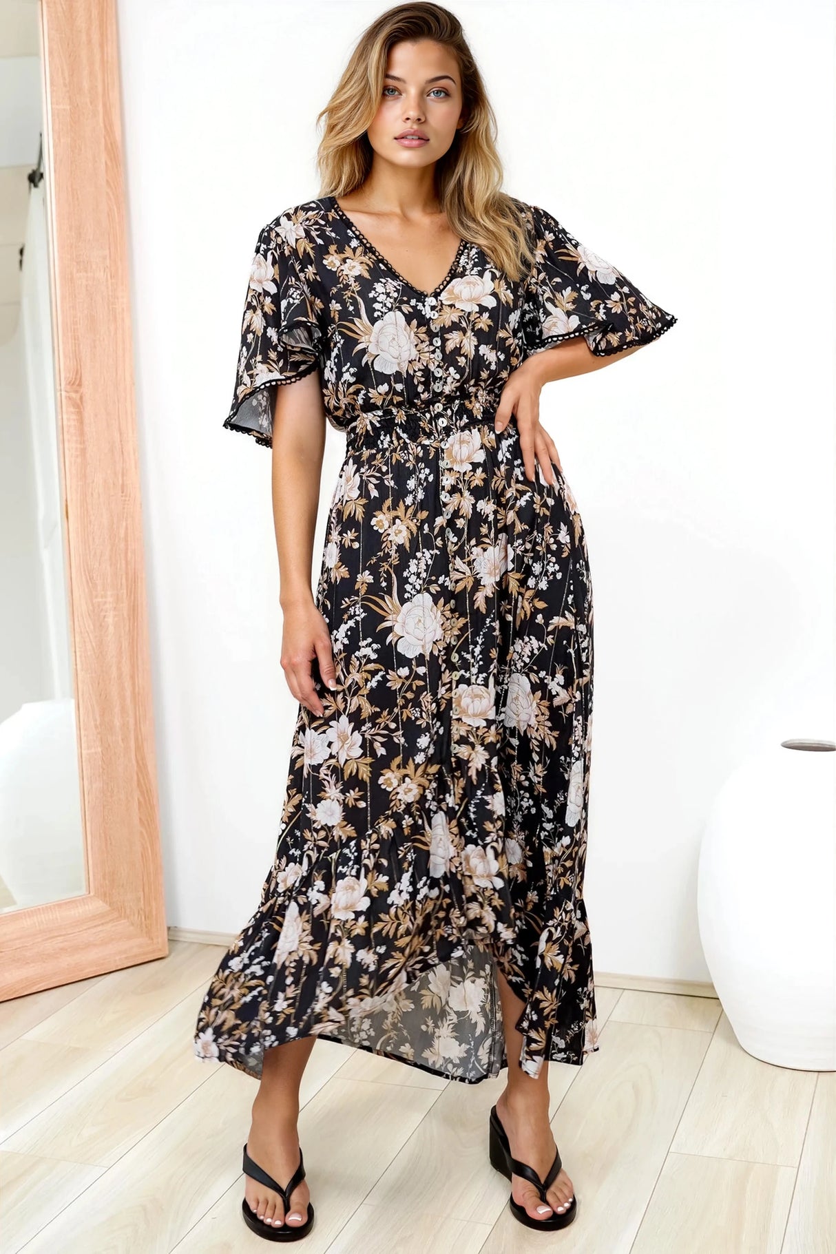 London Maxi Dress - Elasticated Waist Button Detail High Low Dress with Flutter Cap Sleeves in Sorrento Print Black