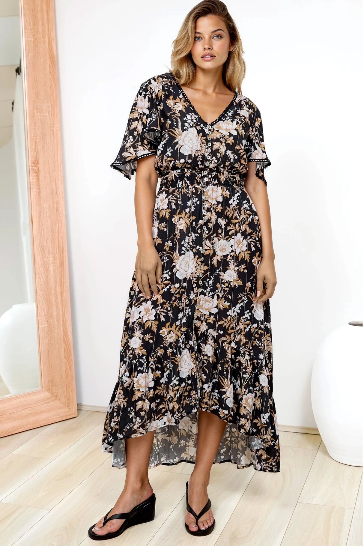 London Maxi Dress - Elasticated Waist Button Detail High Low Dress with Flutter Cap Sleeves in Sorrento Print Black