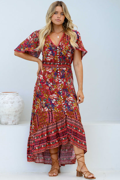 London Maxi Dress - Elasticated Waist Button Detail High Low Dress with Flutter Cap Sleeves in Floral Print