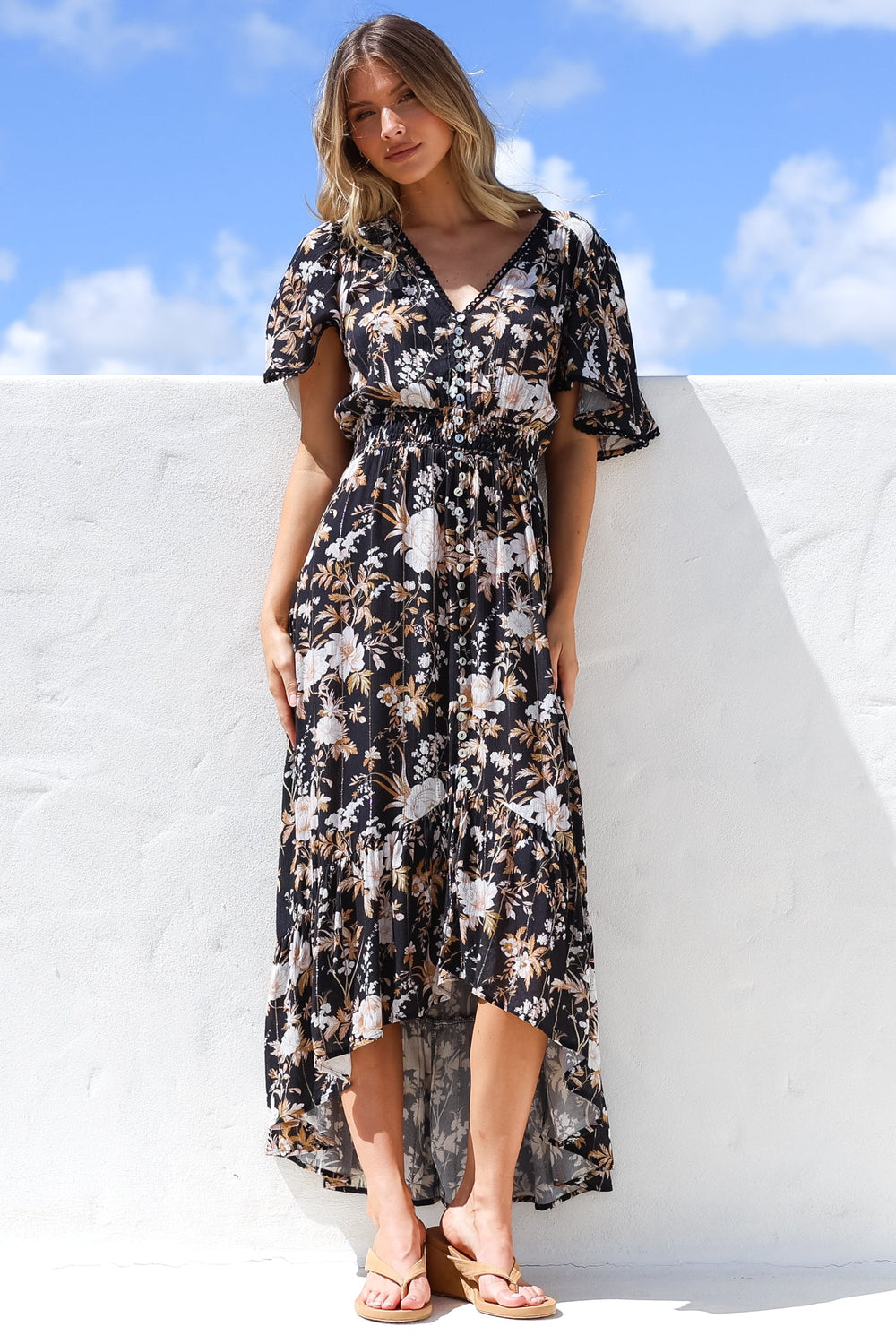 London Maxi Dress - Elasticated Waist Button Detail High Low Dress with Flutter Cap Sleeves in Sorrento Print Black