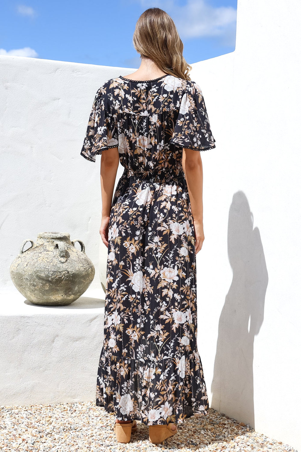 London Maxi Dress - Elasticated Waist Button Detail High Low Dress with Flutter Cap Sleeves in Sorrento Print Black