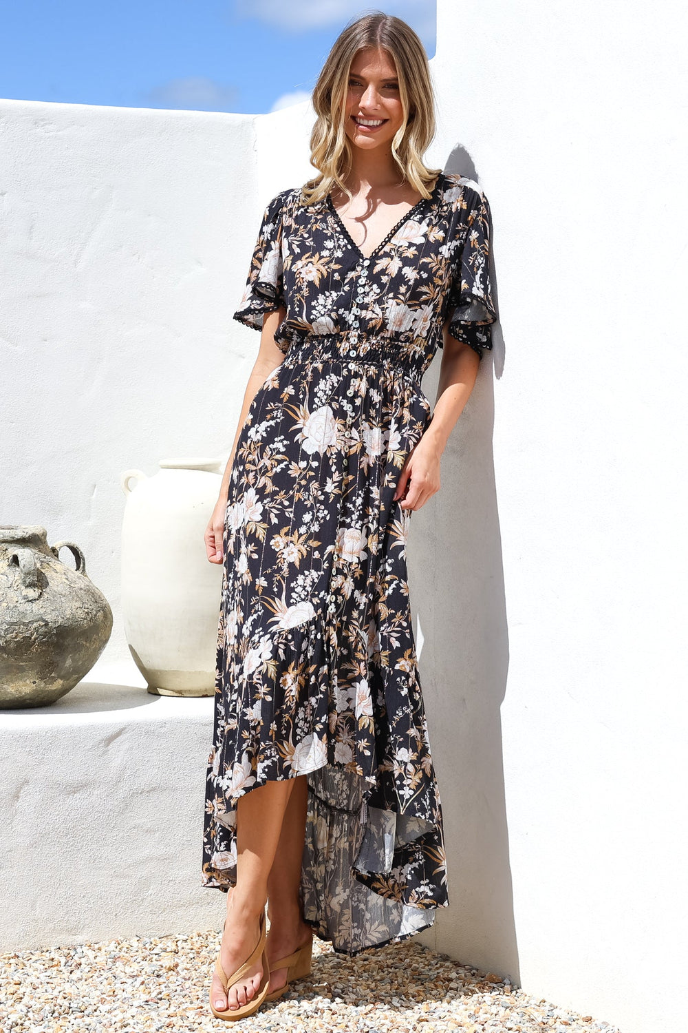 London Maxi Dress - Elasticated Waist Button Detail High Low Dress with Flutter Cap Sleeves in Sorrento Print Black