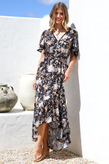 London Maxi Dress - Elasticated Waist Button Detail High Low Dress with Flutter Cap Sleeves in Sorrento Print Black
