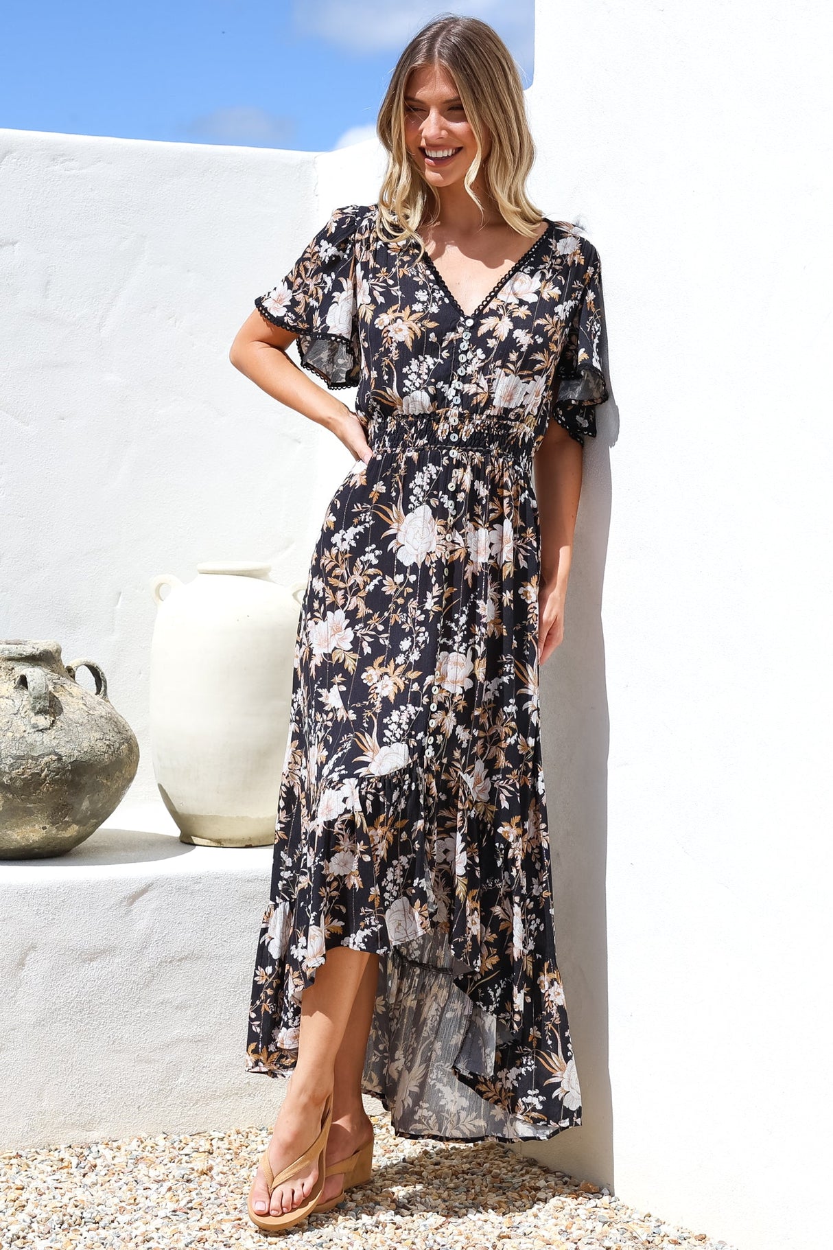 London Maxi Dress - Elasticated Waist Button Detail High Low Dress with Flutter Cap Sleeves in Sorrento Print Black