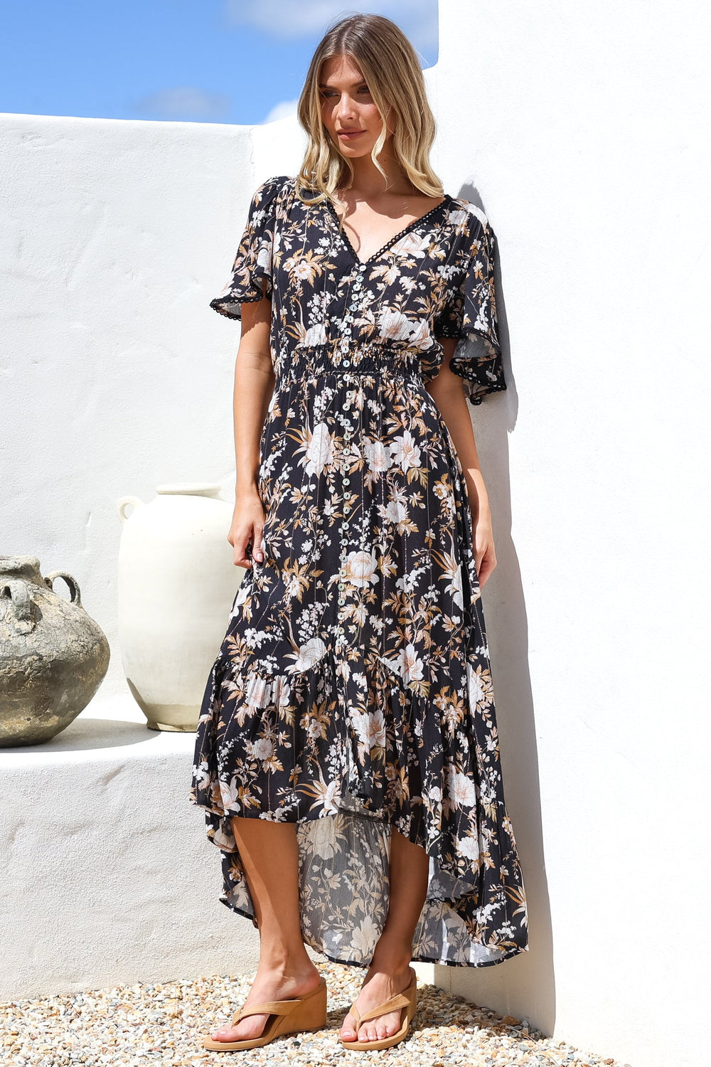 London Maxi Dress - Elasticated Waist Button Detail High Low Dress with Flutter Cap Sleeves in Sorrento Print Black