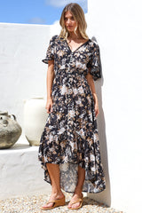 London Maxi Dress - Elasticated Waist Button Detail High Low Dress with Flutter Cap Sleeves in Sorrento Print Black