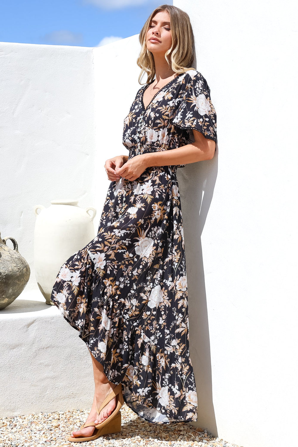 London Maxi Dress - Elasticated Waist Button Detail High Low Dress with Flutter Cap Sleeves in Sorrento Print Black
