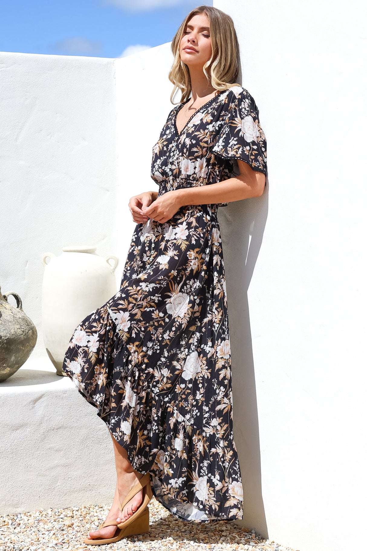London Maxi Dress - Elasticated Waist Button Detail High Low Dress with Flutter Cap Sleeves in Sorrento Print Black