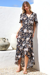 London Maxi Dress - Elasticated Waist Button Detail High Low Dress with Flutter Cap Sleeves in Sorrento Print Black