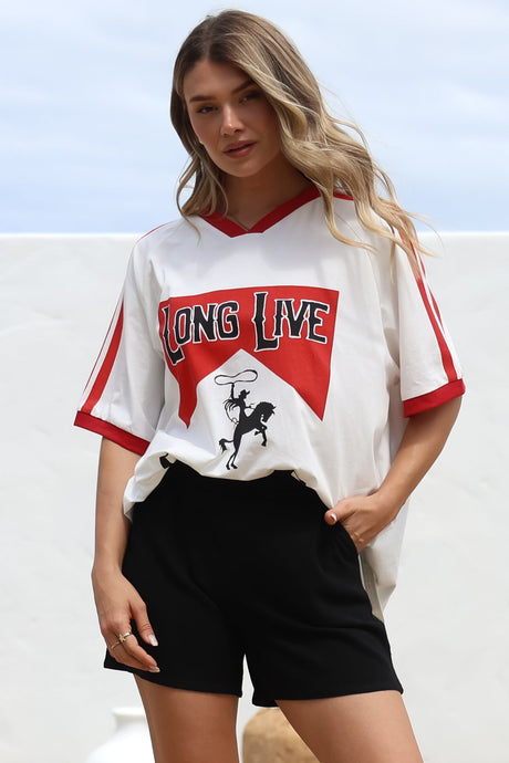 Long Live Cowgirls Tee - Graphic Print Short Sleeve T-Shirt with Racer Stripe Sleeves in White