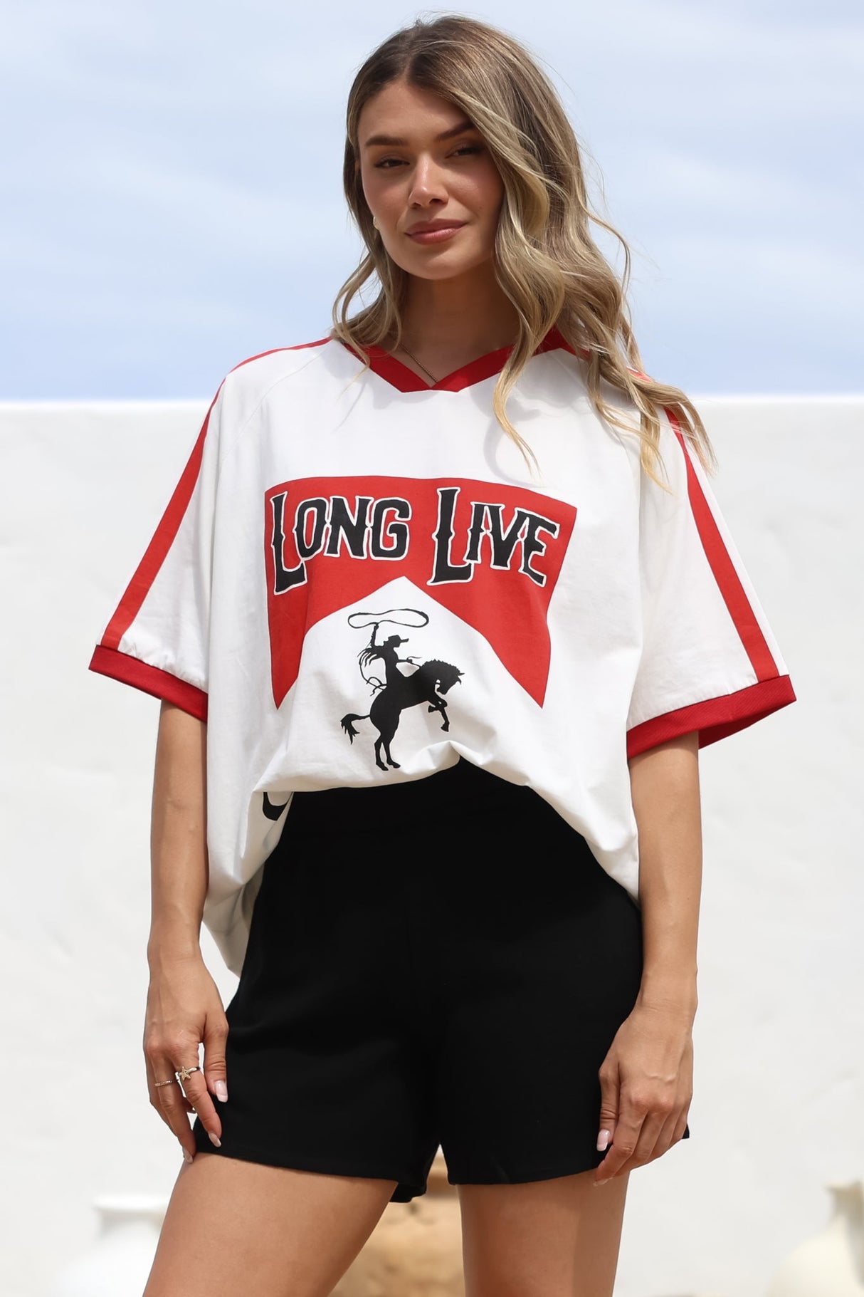 Long Live Cowgirls Tee - Graphic Print Short Sleeve T-Shirt with Racer Stripe Sleeves in White