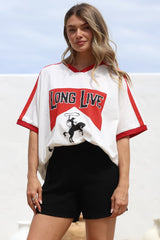 Long Live Cowgirls Tee - Graphic Print Short Sleeve T-Shirt with Racer Stripe Sleeves in White