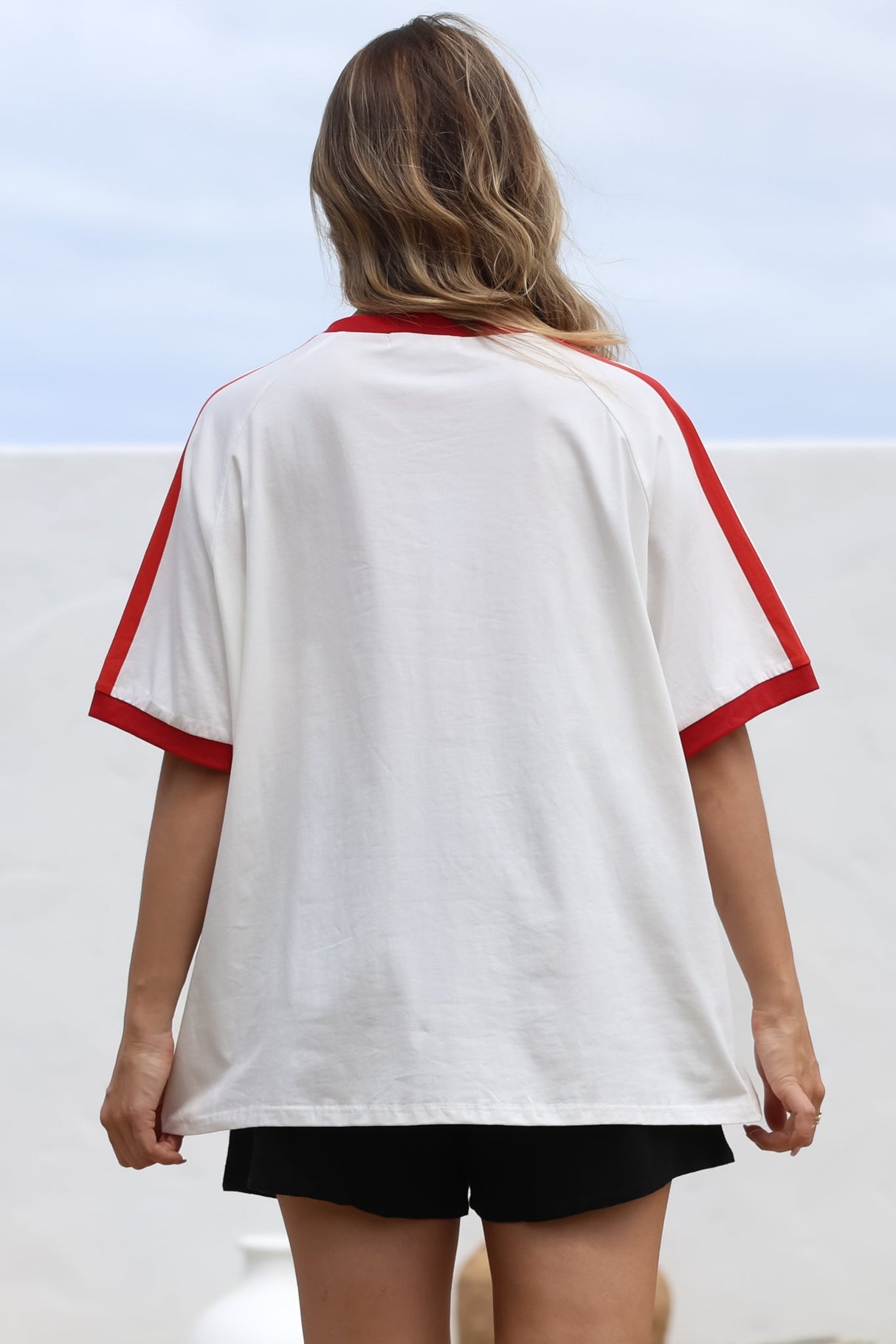 Long Live Cowgirls Tee - Graphic Print Short Sleeve T-Shirt with Racer Stripe Sleeves in White