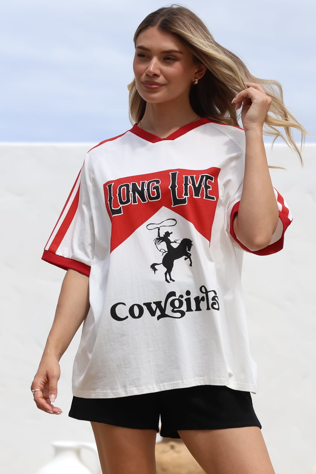 Long Live Cowgirls Tee - Graphic Print Short Sleeve T-Shirt with Racer Stripe Sleeves in White