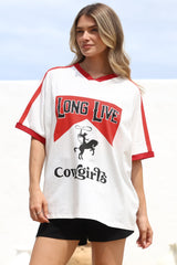 Long Live Cowgirls Tee - Graphic Print Short Sleeve T-Shirt with Racer Stripe Sleeves in White