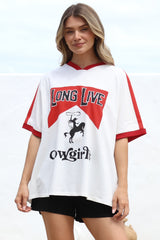 Long Live Cowgirls Tee - Graphic Print Short Sleeve T-Shirt with Racer Stripe Sleeves in White