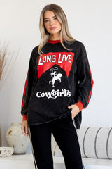 Long Live Cowgirls Long Sleeve Tee - Crew Neck Contrast Stripe Graphic T-Shirt in Black
