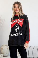 Long Live Cowgirls Long Sleeve Tee - Crew Neck Contrast Stripe Graphic T-Shirt in Black
