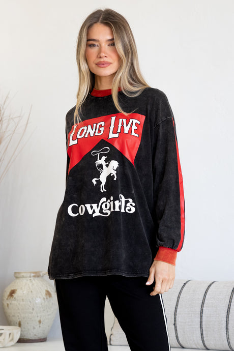 Long Live Cowgirls Long Sleeve Tee - Crew Neck Contrast Stripe Graphic T-Shirt in Black