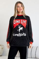 Long Live Cowgirls Long Sleeve Tee - Crew Neck Contrast Stripe Graphic T-Shirt in Black