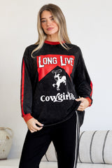 Long Live Cowgirls Long Sleeve Tee - Crew Neck Contrast Stripe Graphic T-Shirt in Black