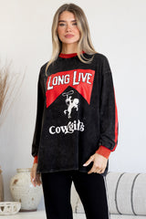 Long Live Cowgirls Long Sleeve Tee - Crew Neck Contrast Stripe Graphic T-Shirt in Black
