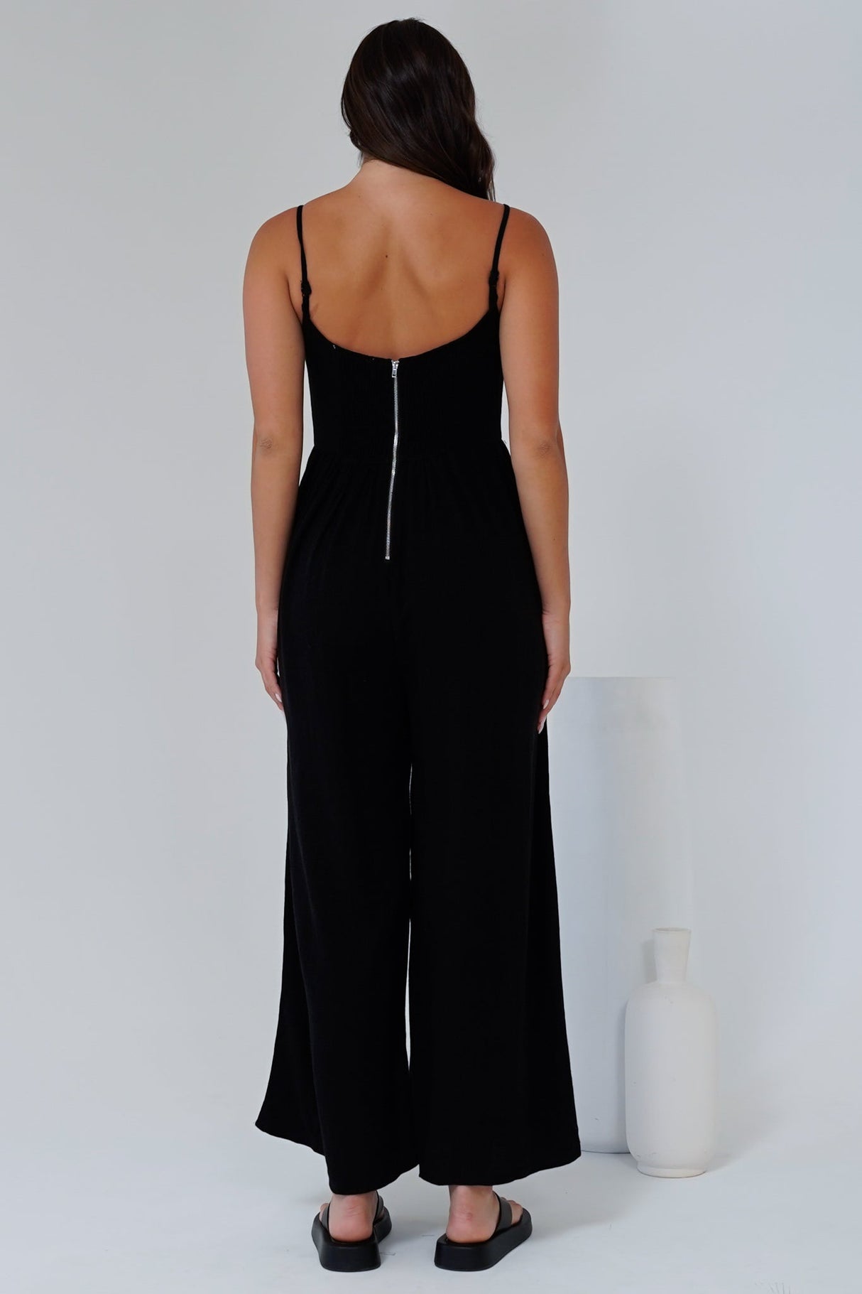 Lonnie Jumpsuit - Square Neckline Wide Leg Pant Jumpsuit in Black