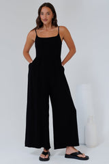 Lonnie Jumpsuit - Square Neckline Wide Leg Pant Jumpsuit in Black