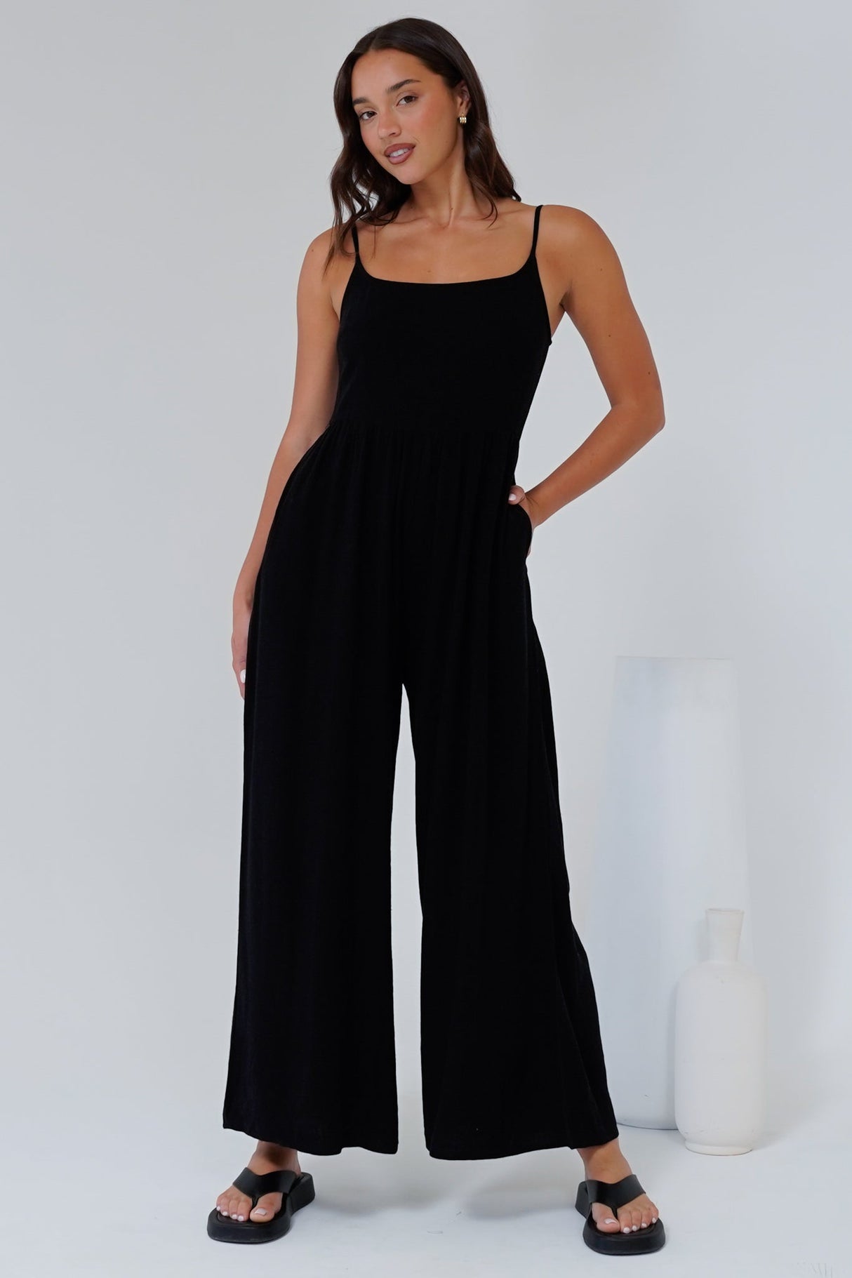 Lonnie Jumpsuit - Square Neckline Wide Leg Pant Jumpsuit in Black