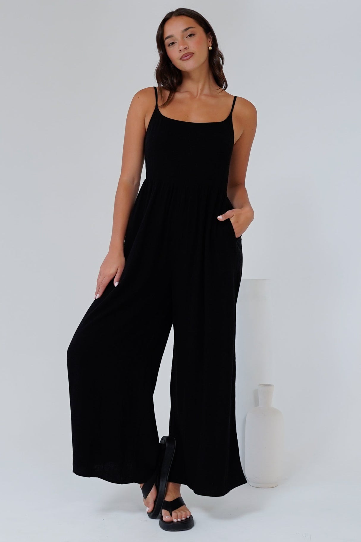 Lonnie Jumpsuit - Square Neckline Wide Leg Pant Jumpsuit in Black