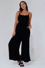 Lonnie Jumpsuit - Square Neckline Wide Leg Pant Jumpsuit in Black