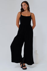 Lonnie Jumpsuit - Square Neckline Wide Leg Pant Jumpsuit in Black