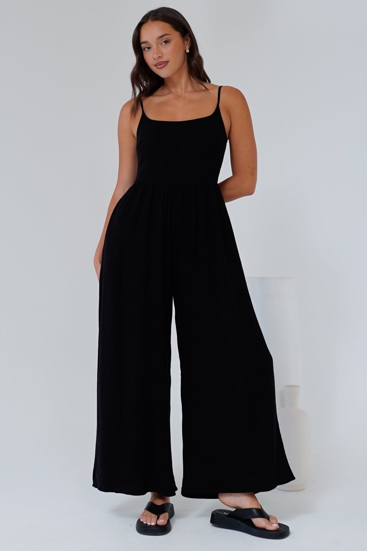 Lonnie Jumpsuit - Square Neckline Wide Leg Pant Jumpsuit in Black
