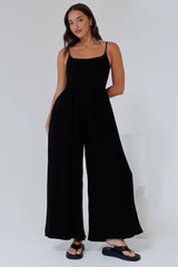 Lonnie Jumpsuit - Square Neckline Wide Leg Pant Jumpsuit in Black