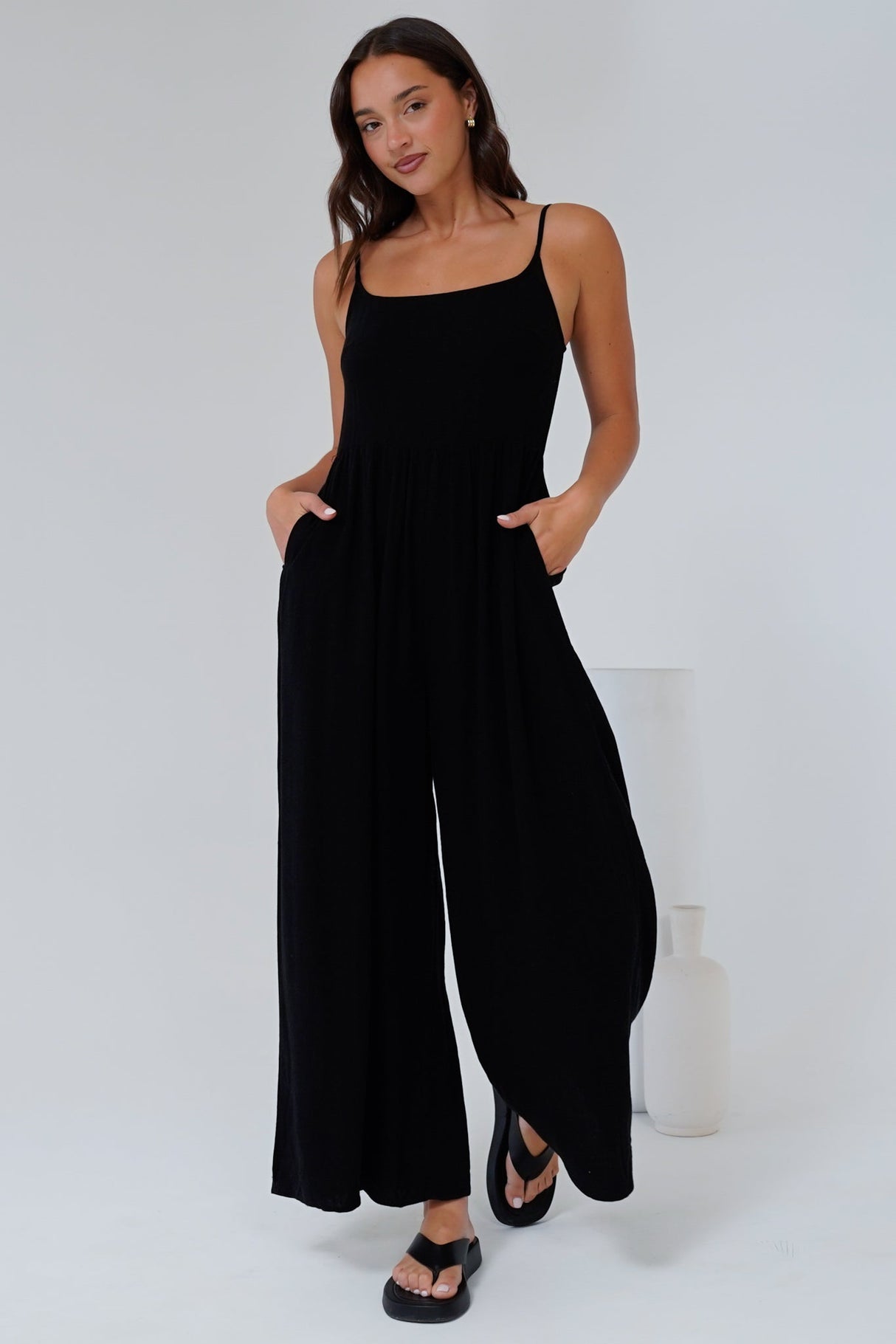 Lonnie Jumpsuit - Square Neckline Wide Leg Pant Jumpsuit in Black