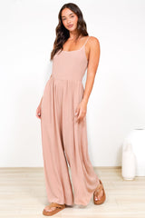 Lonnie Jumpsuit - Square Neckline Wide Leg Pant Jumpsuit in Dusty Pink