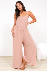 Lonnie Jumpsuit - Square Neckline Wide Leg Pant Jumpsuit in Dusty Pink
