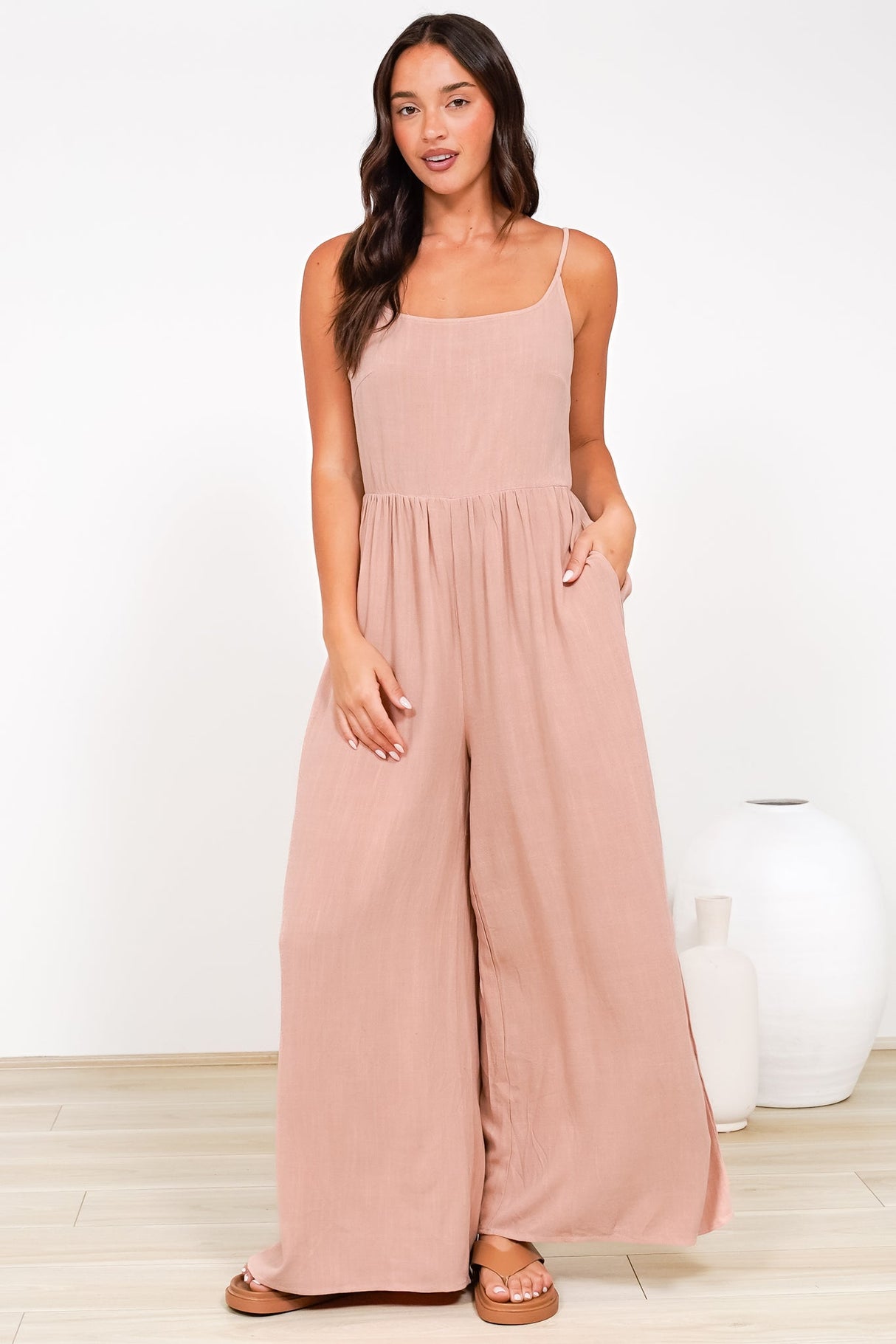 Lonnie Jumpsuit - Square Neckline Wide Leg Pant Jumpsuit in Dusty Pink