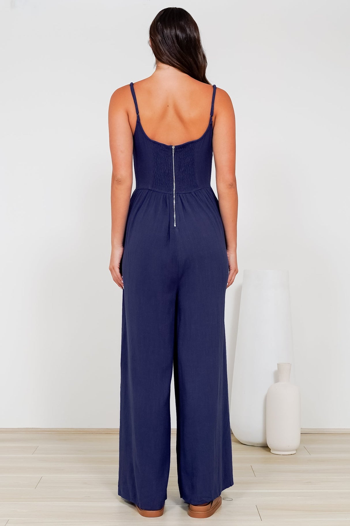 Lonnie Jumpsuit - Square Neckline Wide Leg Pant Jumpsuit in Navy