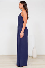 Lonnie Jumpsuit - Square Neckline Wide Leg Pant Jumpsuit in Navy