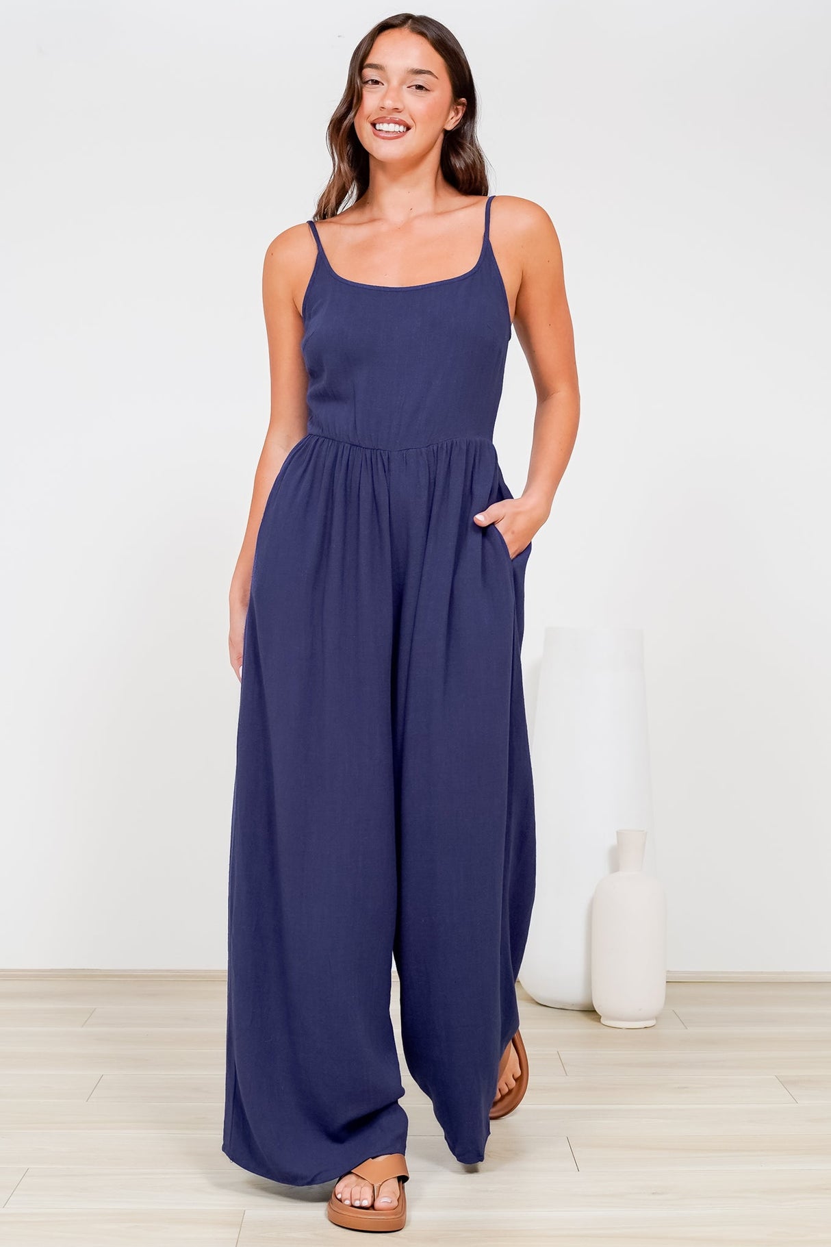 Lonnie Jumpsuit - Square Neckline Wide Leg Pant Jumpsuit in Navy