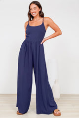 Lonnie Jumpsuit - Square Neckline Wide Leg Pant Jumpsuit in Navy
