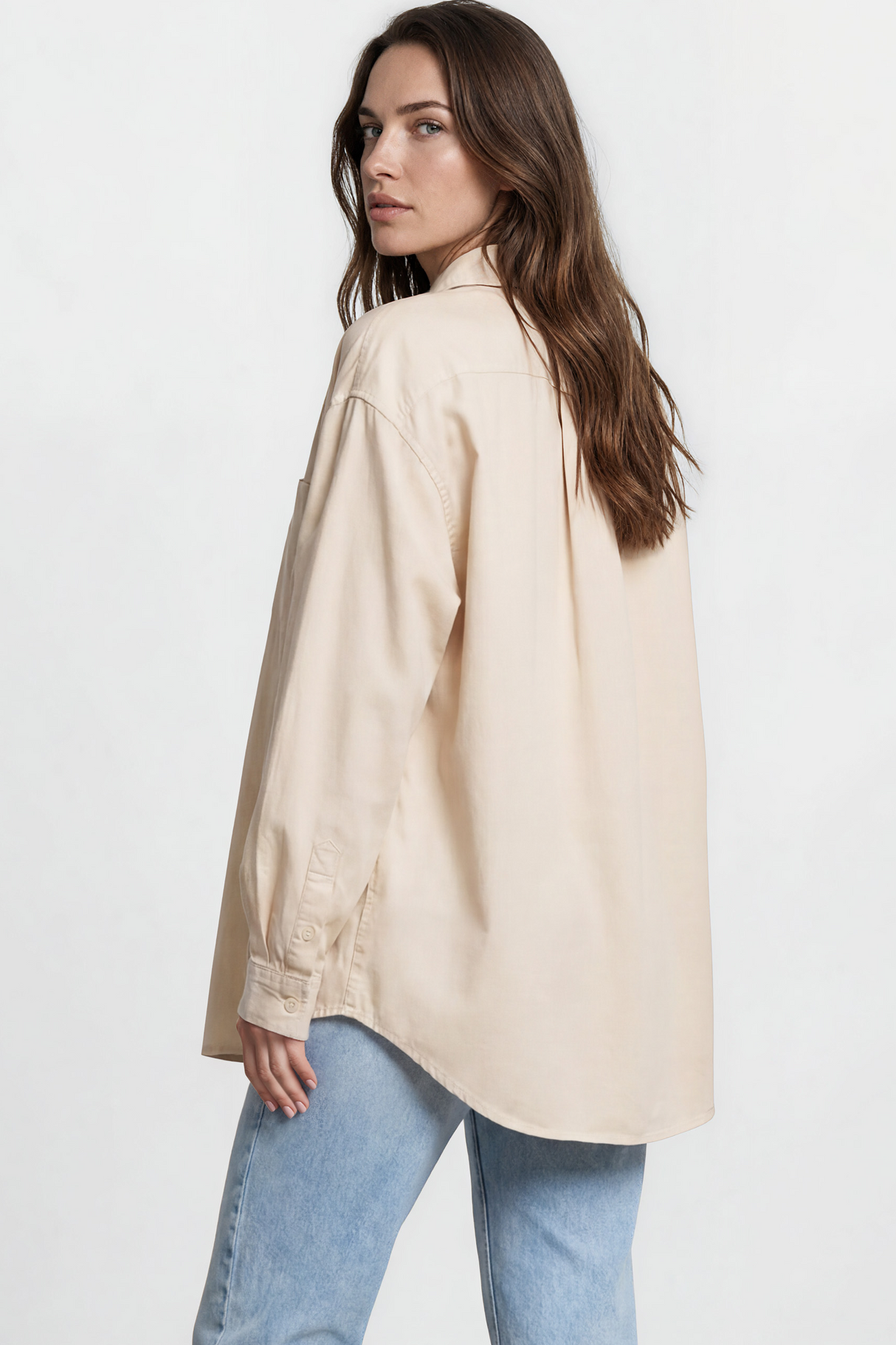 Lopez Shirt - Wing Collared Oversized Button Down with Bodice Pocket in Beige