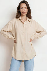 Model wearing Lopez Shirt in Beige from Salty Crush