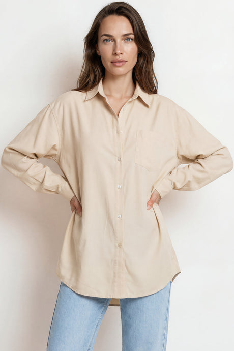 Model wearing Lopez Shirt in Beige from Salty Crush