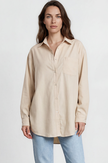 Model wearing Lopez Shirt in Beige from Salty Crush