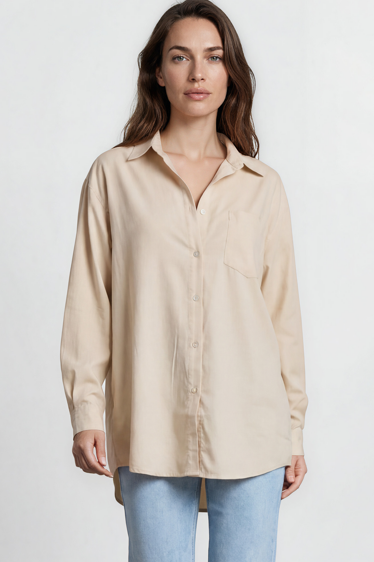 Model wearing Lopez Shirt in Beige from Salty Crush