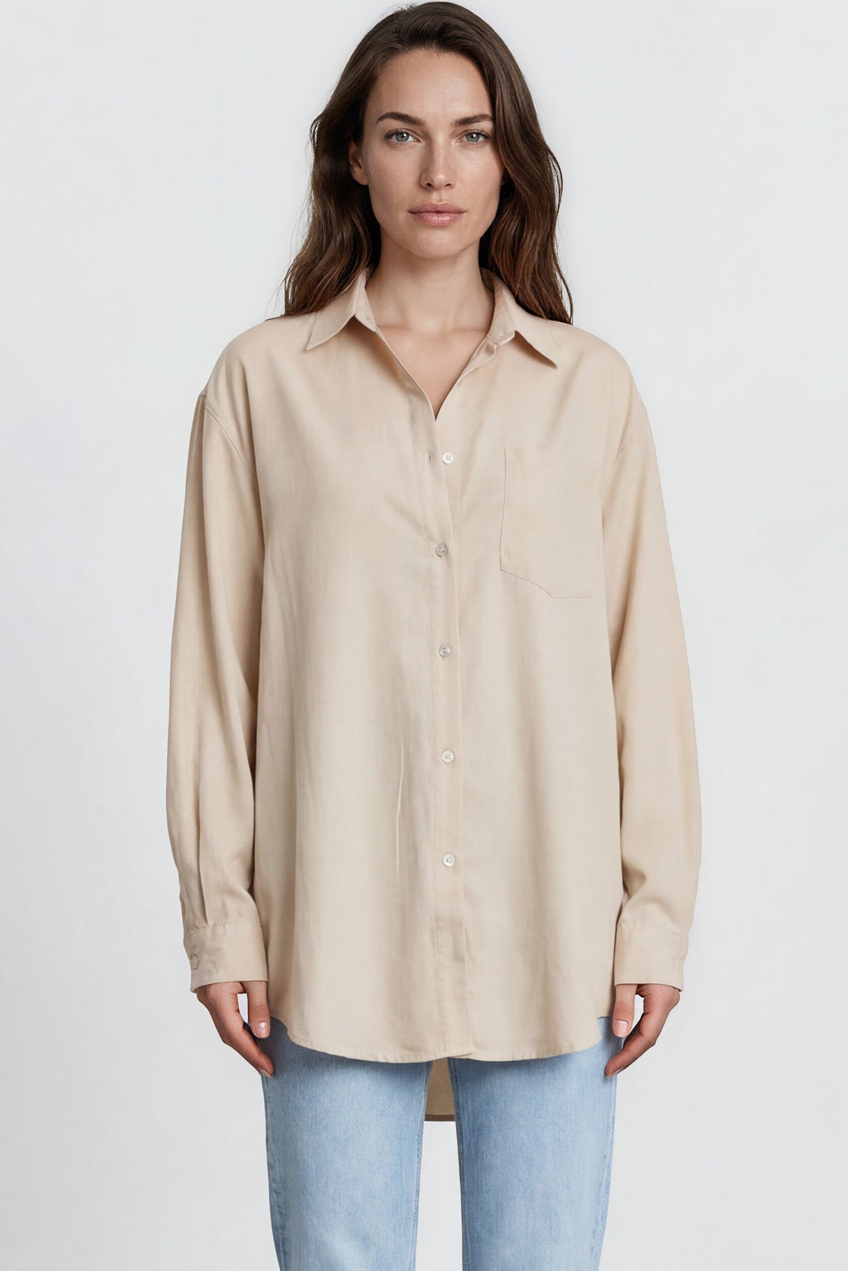 Model wearing Lopez Shirt in Beige from Salty Crush